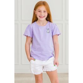 White Bunny Embroidered Lavender Short Sleeve Scallop Tee