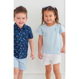 White Cross Embroidered Light Blue Short Sleeve Scallop Tee