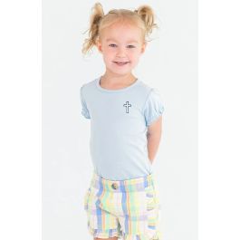 White Cross Embroidered Light Blue Knit Puff Short Sleeve Bodysuit