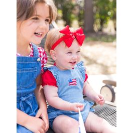 American Flag Embroidered Light Wash Flutter Overall Romper
