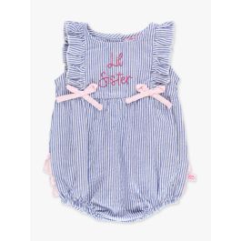 Hot Pink Lil Sister Embroidered Classic Blue Seersucker Ruffle Romper