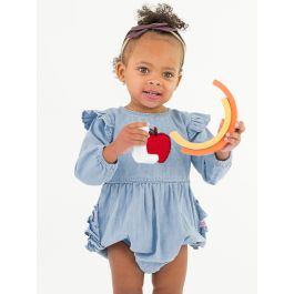 Red Apple Embroidered Light Wash Long Sleeve Flutter Bubble Romper
