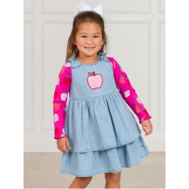 Pink Apple Embroidered Light Wash Woven Bow Jumper Dress