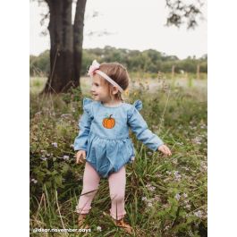 Pumpkin Embroidered Light Wash Long Sleeve Flutter Bubble Romper