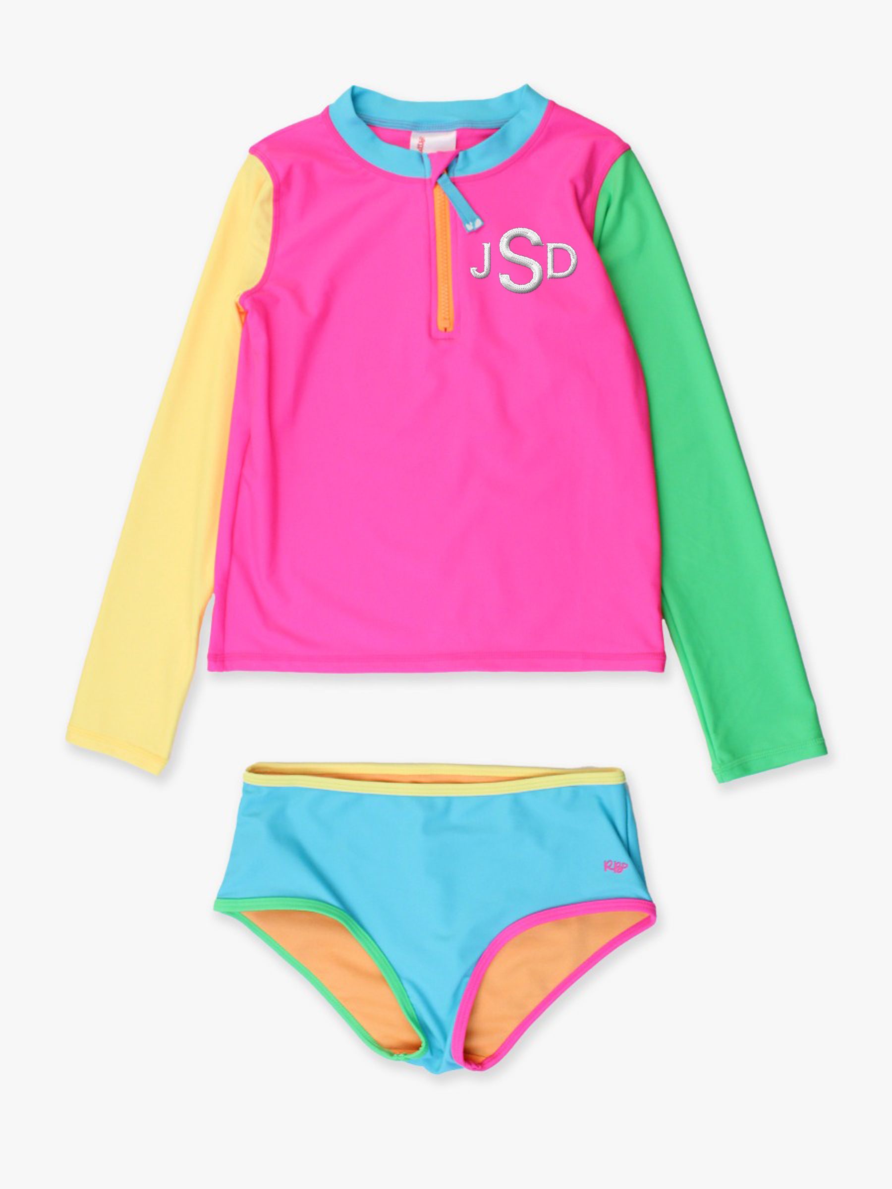 Neon Color Block Girls Long Sleeve Zipper Rash Guard 2-Piece