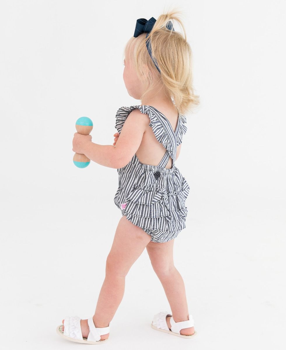 Woven Pinafore Cross-Back Romper | RuffleButts & RuggedButts