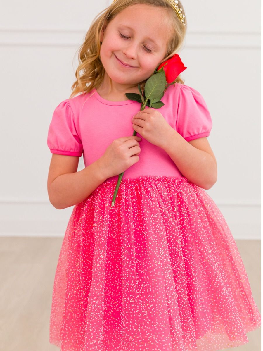 RuffleButts - Baby Girl Pink Short Sleeve Bow Twirl Dress 12/18M