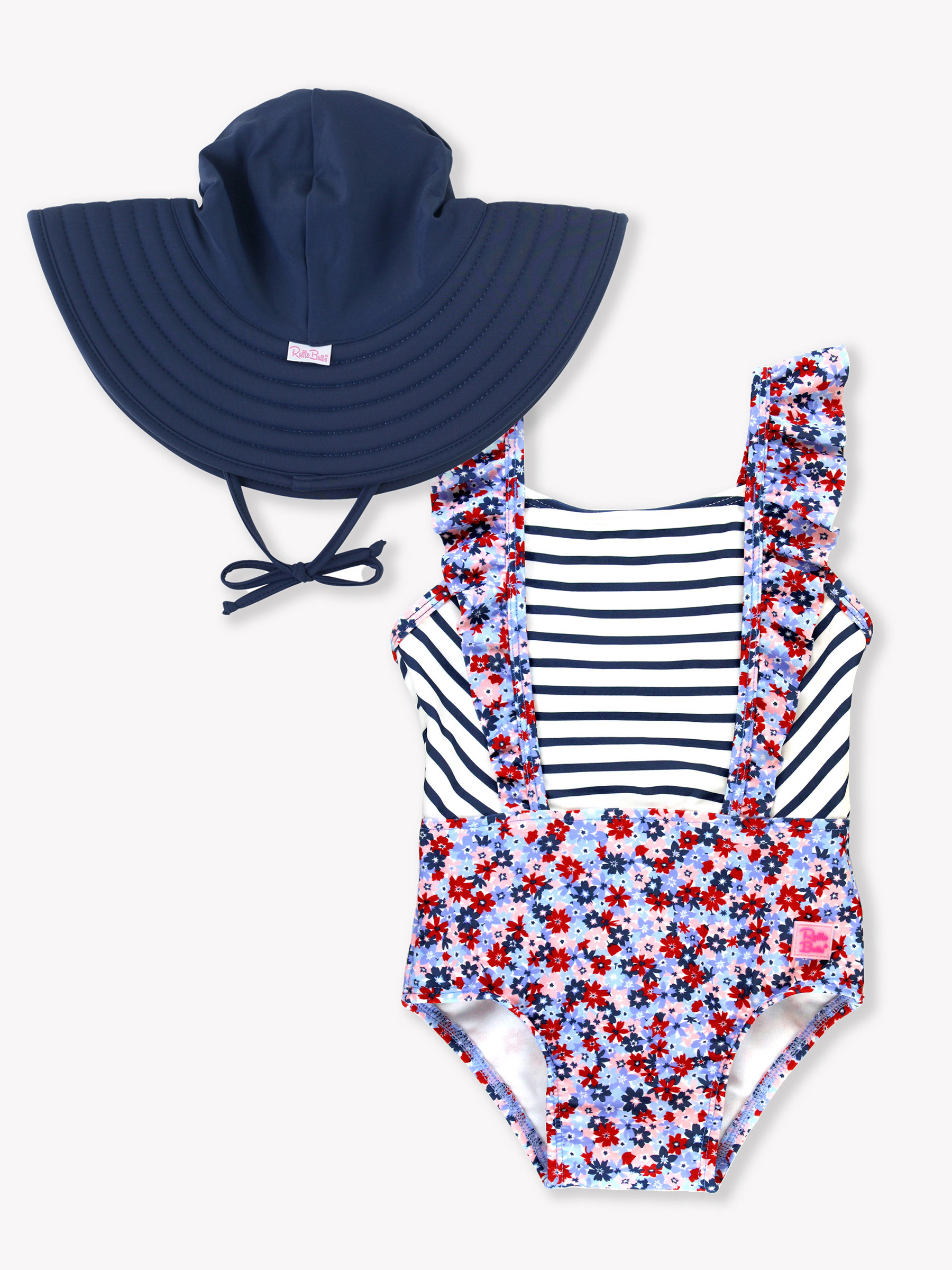 Red White & Bloom Pinafore One Piece & Navy Swim Hat Set