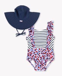 Red White & Bloom Pinafore One Piece & Navy Swim Hat Set