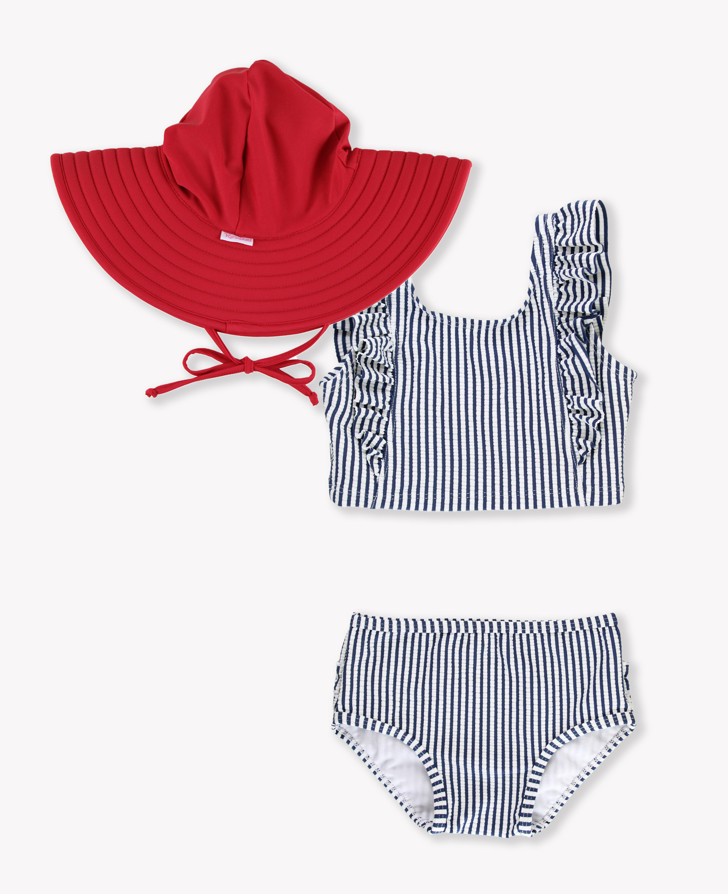 Navy Seersucker Waterfall Tankini & Red Swim Hat Set