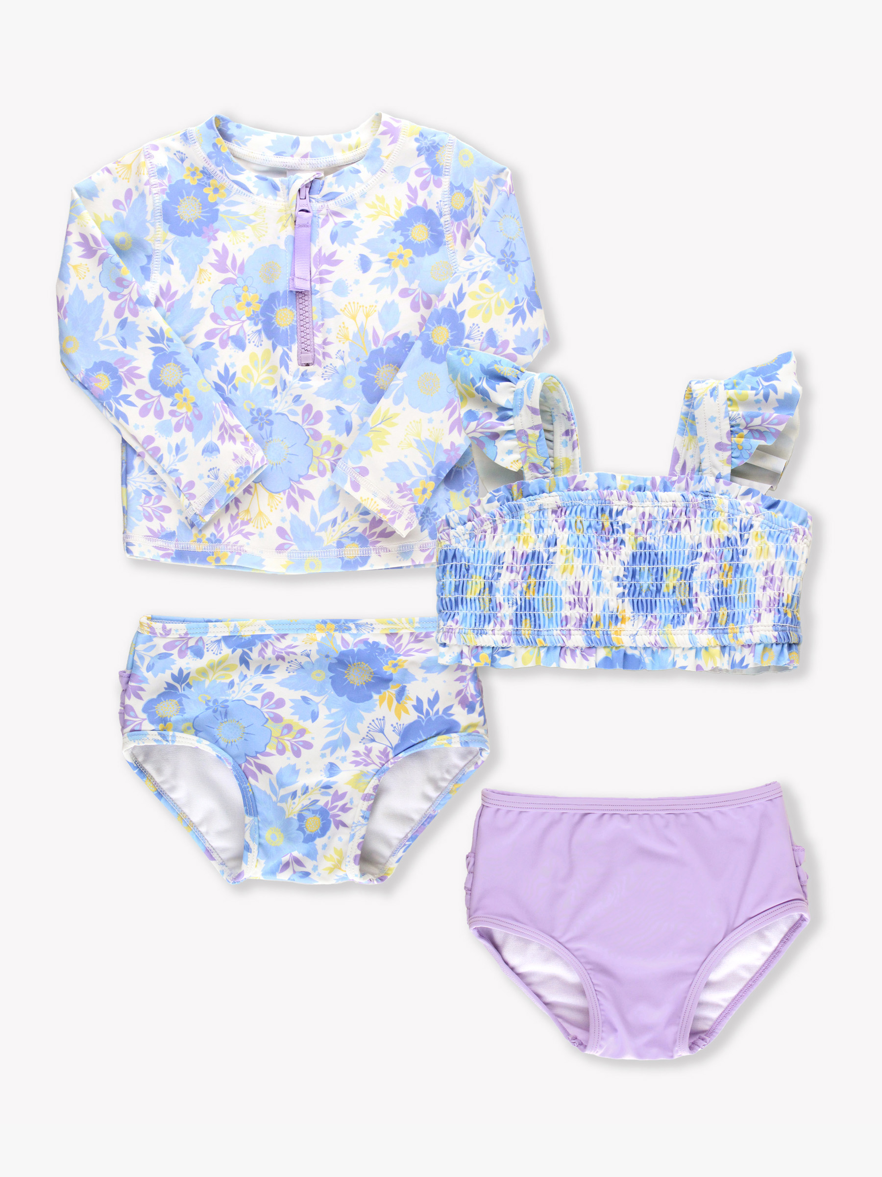 Pristine Blooms Long Sleeve Rash Guard & Smocked Bikini Mix N Match