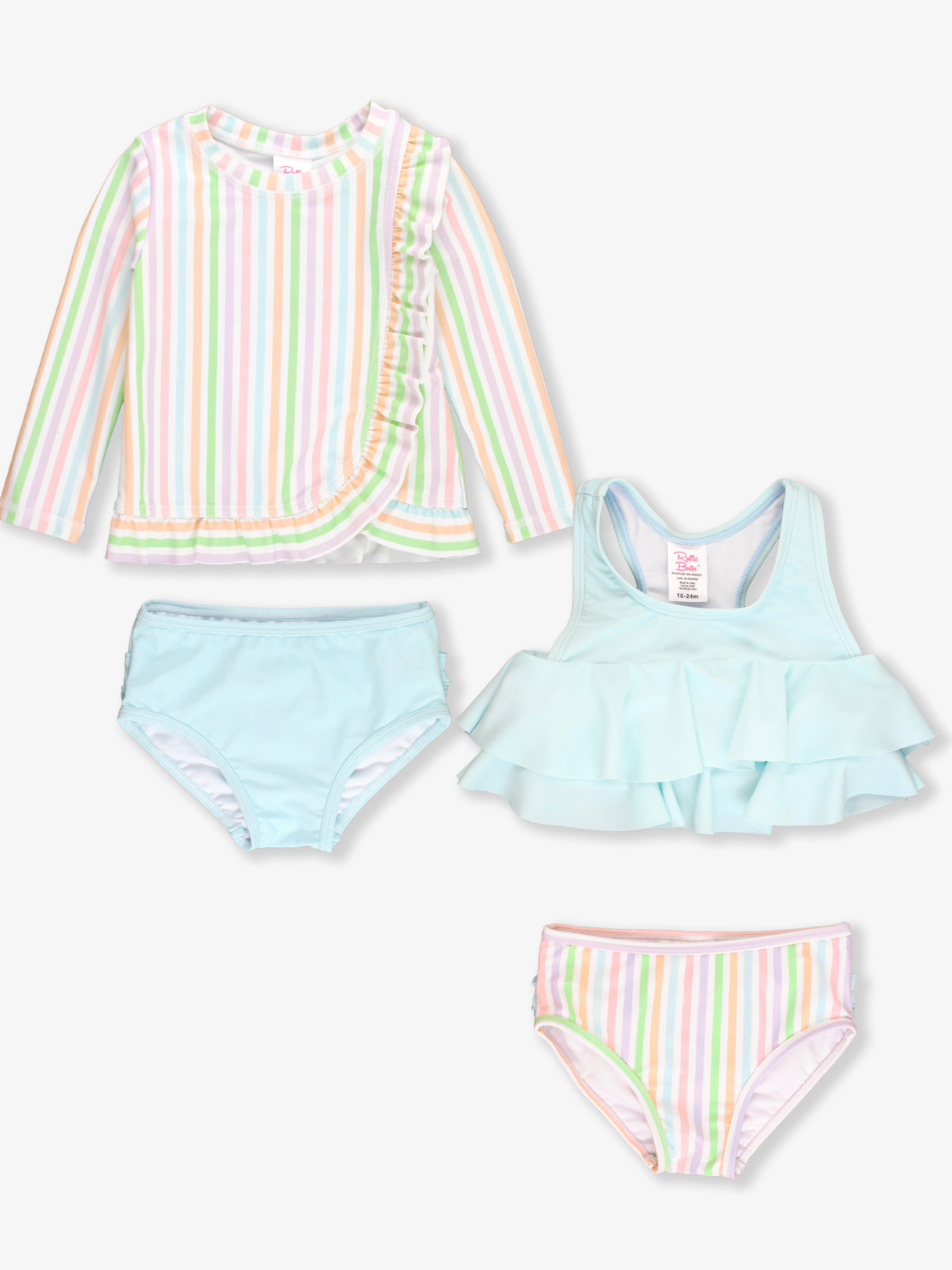 Pale Rainbow Stripe Long Sleve Rash Guard & Flounce Bikini Mix N Match Set