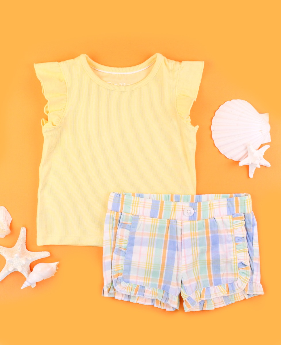 Banana Rib Flutter Top & Clubhouse Rainbow Plaid Ruffle Shorts Set