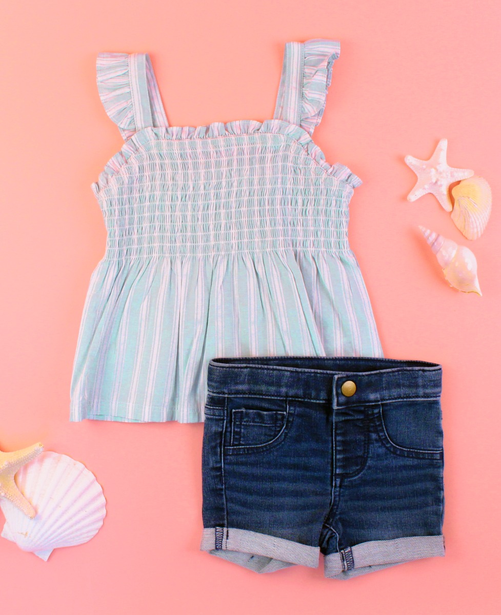 Retro Stripe Smocked Tank & Medium Wash Denim Shorts Set
