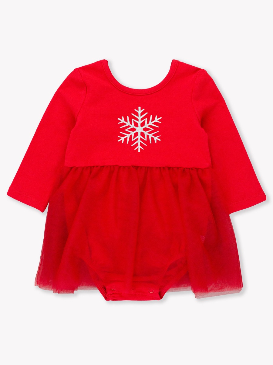 White snowflake Embroidered Red Long Sleeve Tulle Skirted Romper