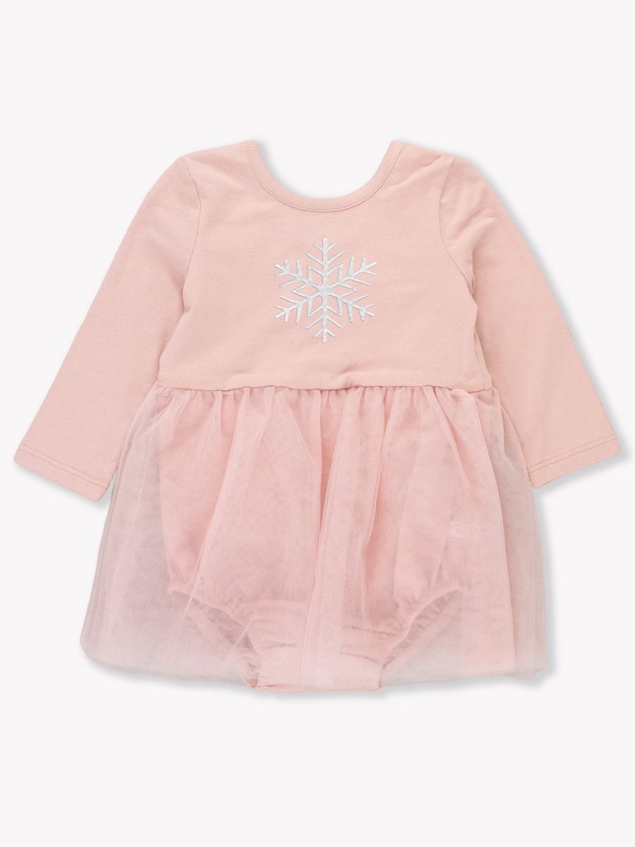 White snowflake Embroidered Soft Mauve Long Sleeve Tulle Skirted Romper