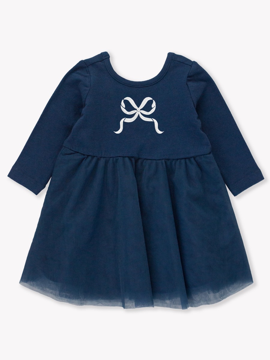 White Bow Embroidered Dark Navy Long Sleeve Tulle Twirl Dress