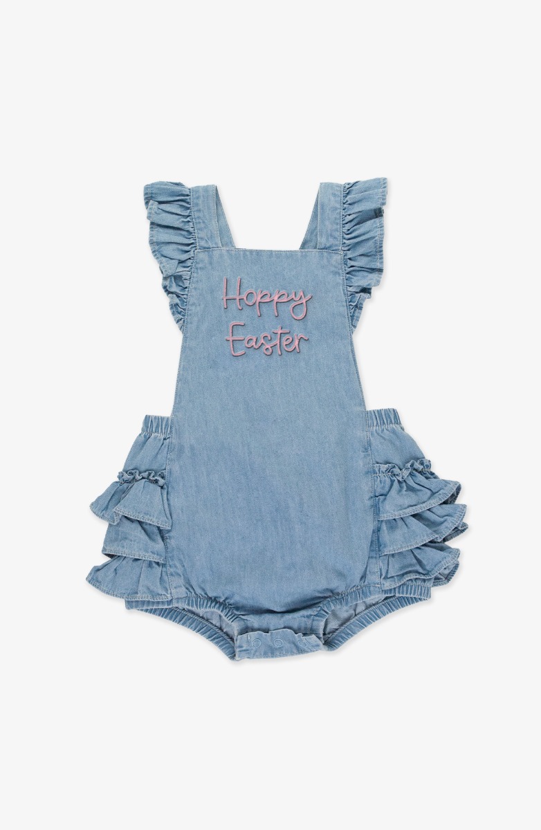 Hoppy Easter Embroidered Light Wash Flutter Overall Romper