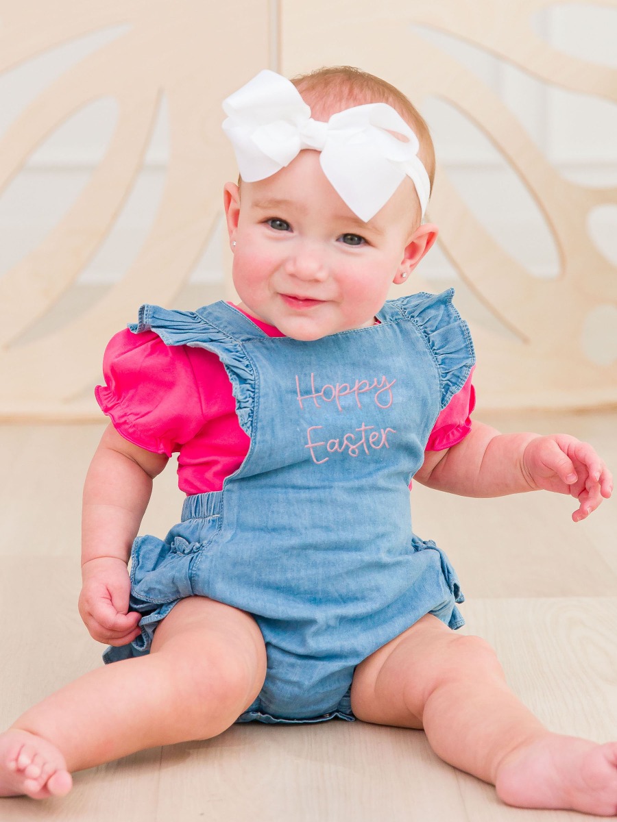Hoppy Easter Embroidered Light Wash Flutter Overall Romper