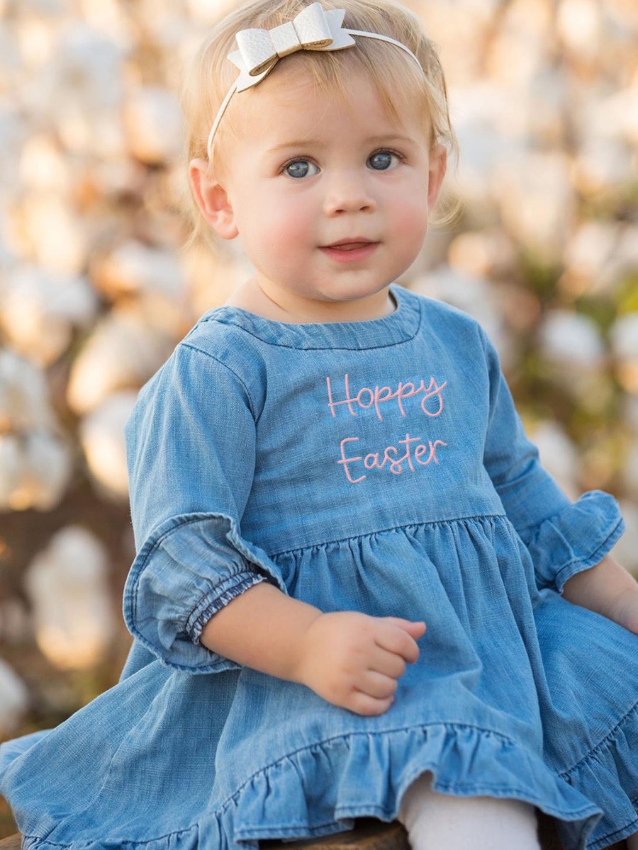 Hoppy Easter Embroidered Light Wash Stretch Denim High Low Ruffle Tunic