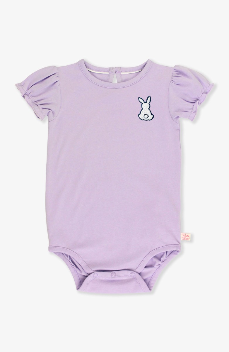 White Bunny Embroidered Lavender Knit Puff Short Sleeve Bodysuit
