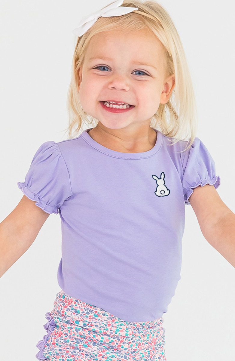 White Bunny Embroidered Lavender Knit Puff Short Sleeve Bodysuit