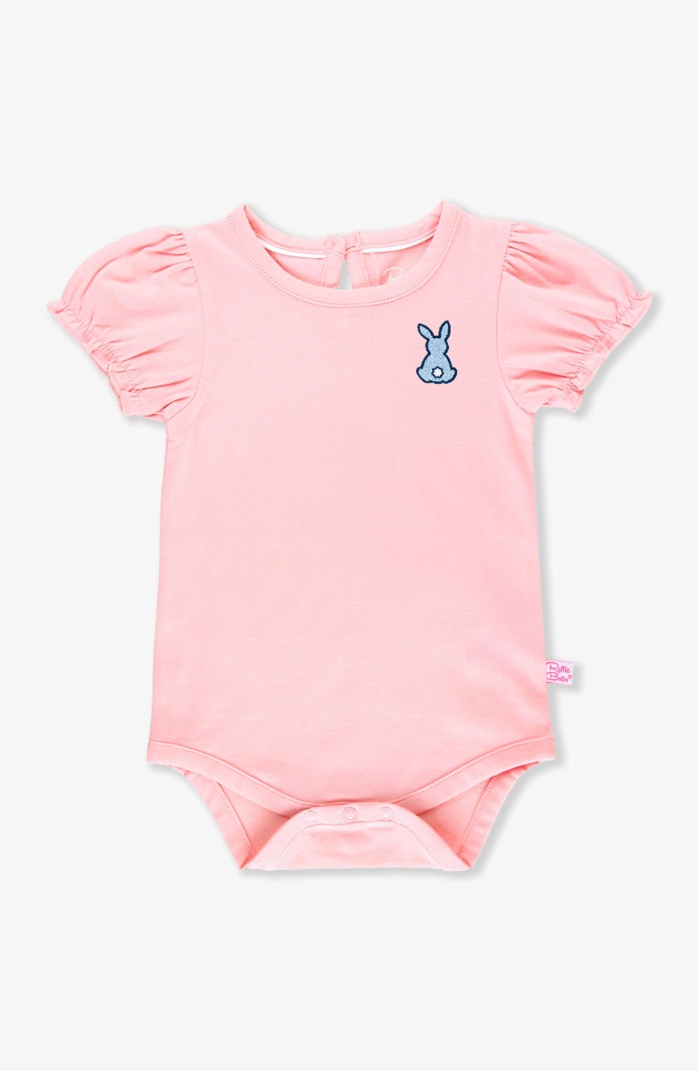 Blue Bunny Embroidered Pink Puff Sleeve Bodysuit
