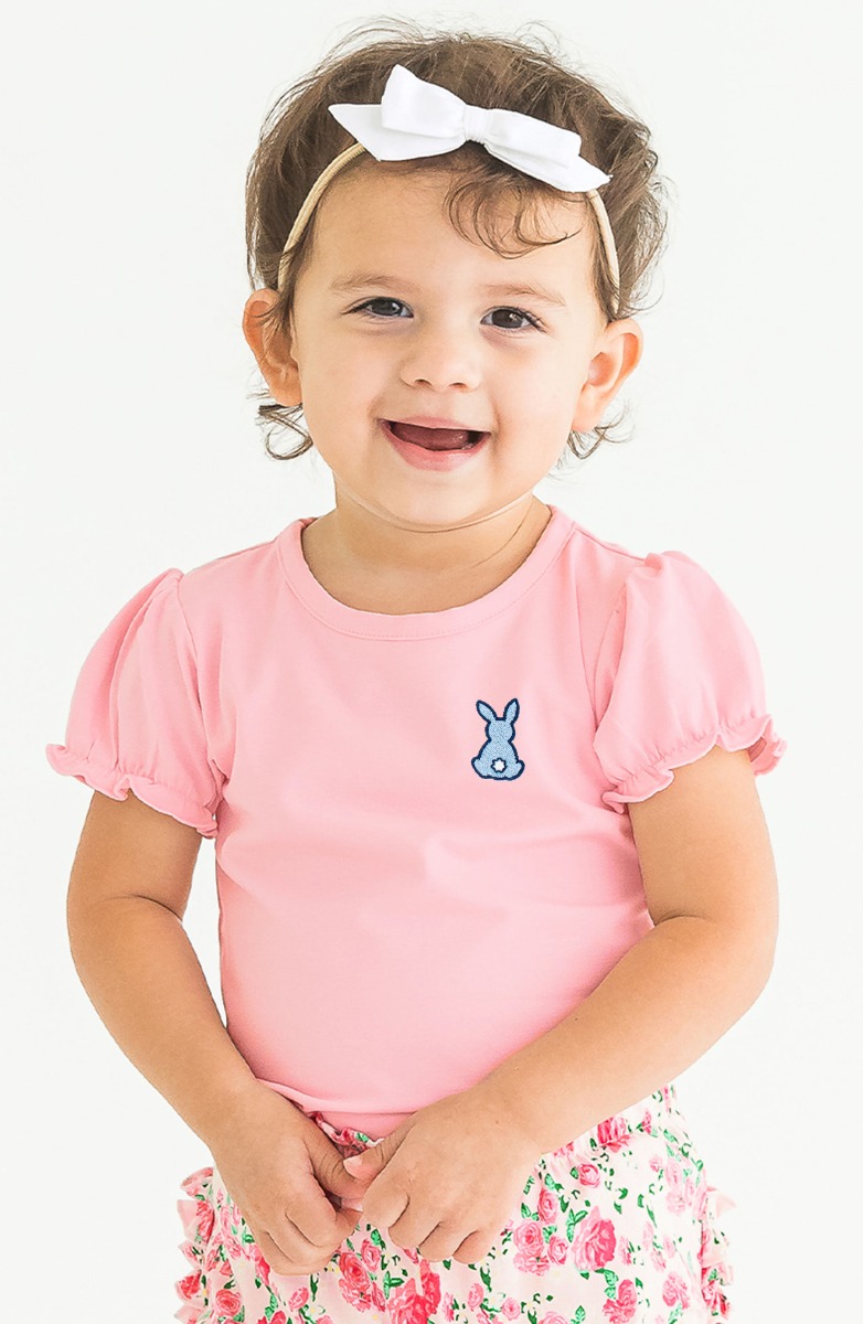 Blue Bunny Embroidered Pink Puff Sleeve Bodysuit