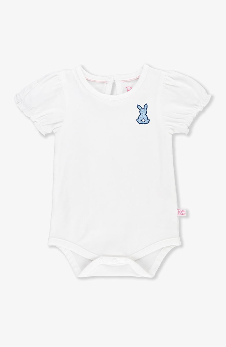 Blue Bunny Embroidered White Puff Sleeve Bodysuit