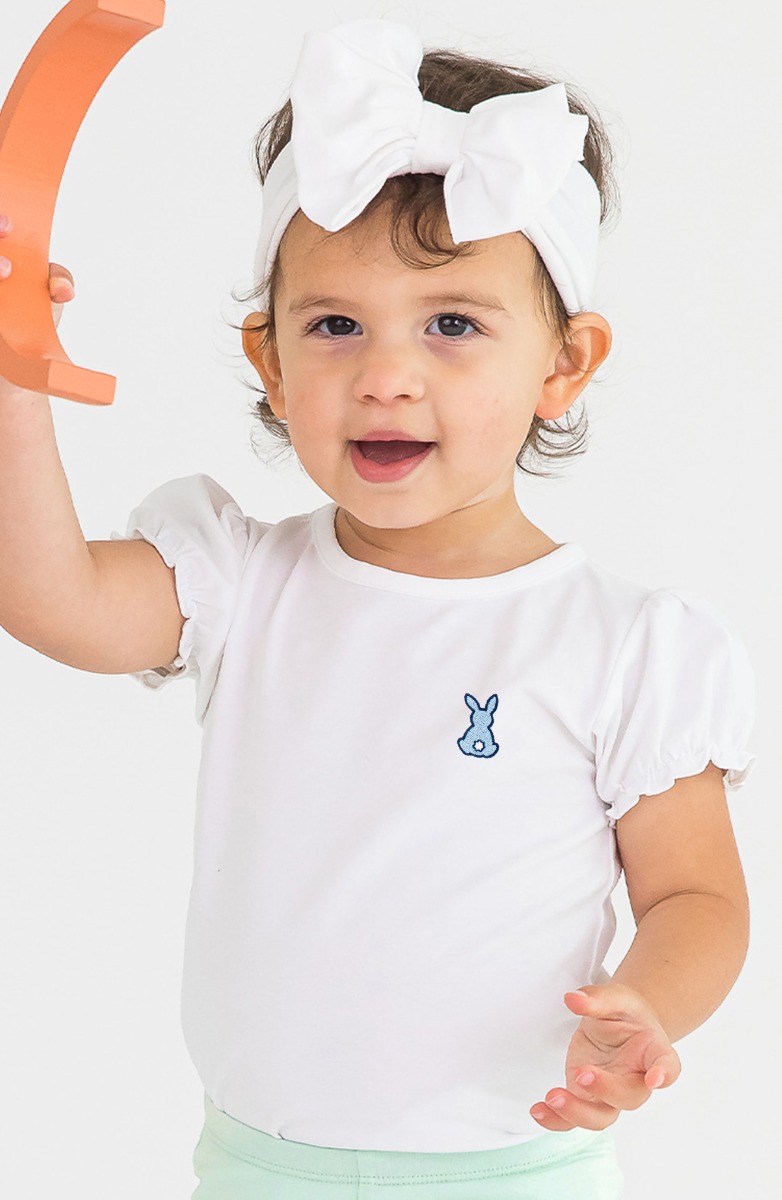 Blue Bunny Embroidered White Puff Sleeve Bodysuit