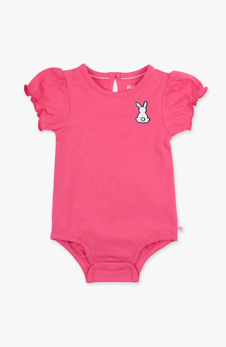 White Bunny Embroidered Hot Pink Knit Puff Short Sleeve Bodysuit
