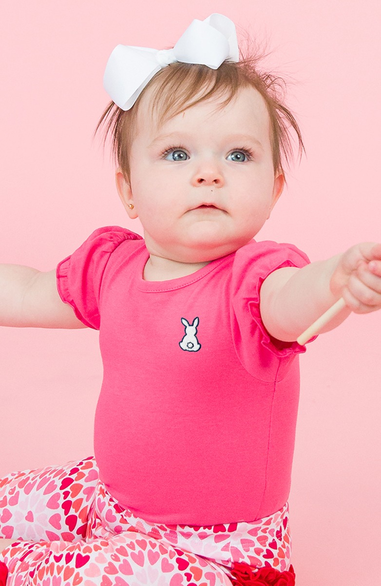 White Bunny Embroidered Hot Pink Knit Puff Short Sleeve Bodysuit