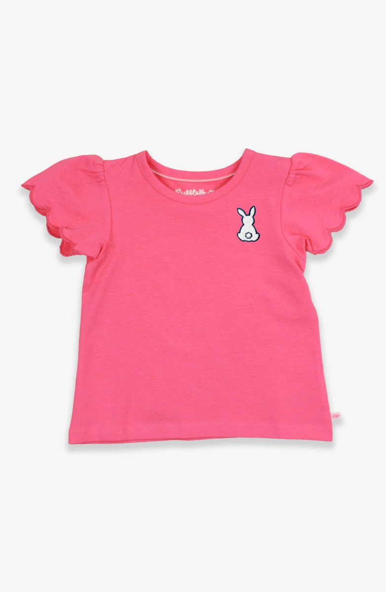 White Bunny Embroidered Hot Pink Short Sleeve Scallop Tee