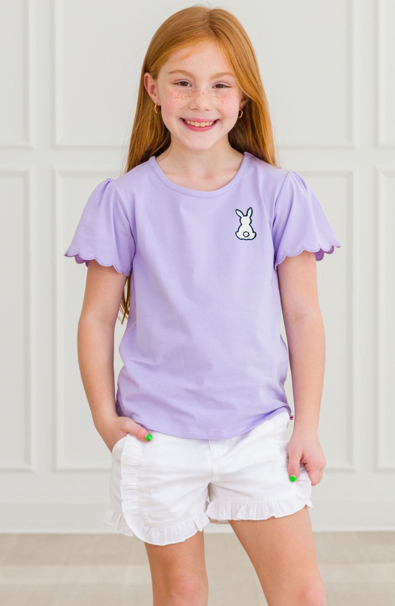 White Bunny Embroidered Lavender Short Sleeve Scallop Tee