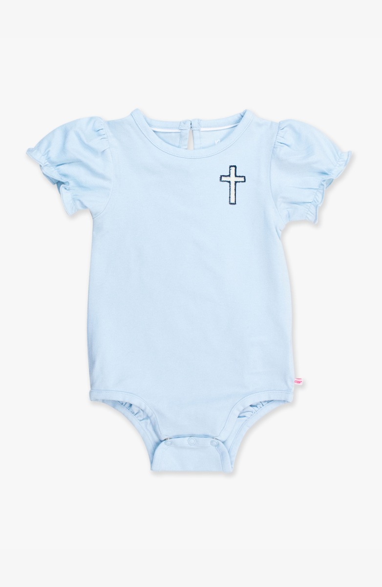 White Cross Embroidered Light Blue Knit Puff Short Sleeve Bodysuit