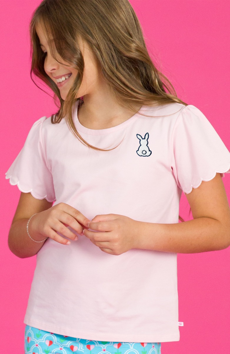 White Bunny Embroidered Pink Short Sleeve Scallop Tee
