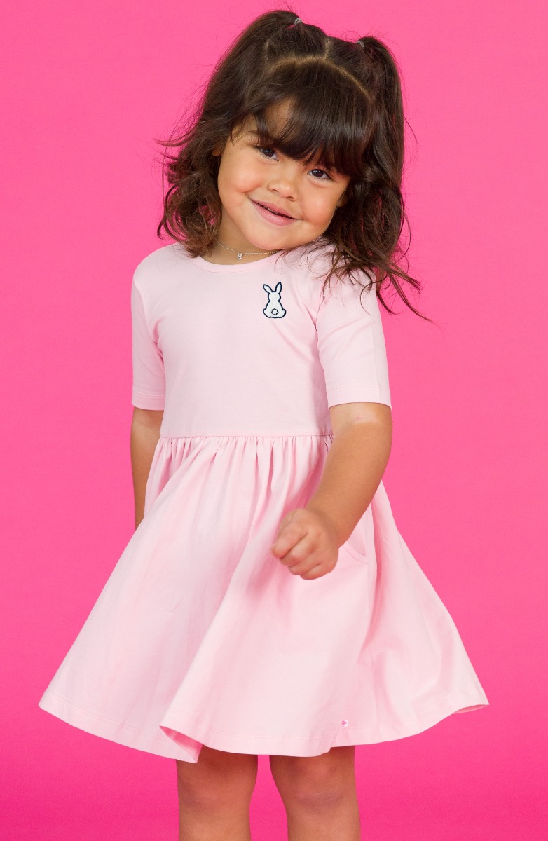 White Bunny Embroidered Pink Knit Short Sleeve Twirl Dress