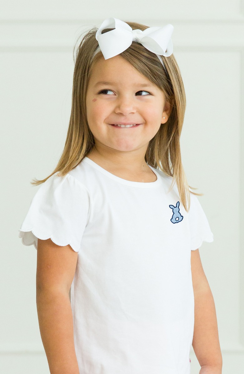 Blue Bunny Embroidered White Short Sleeve Scallop Tee