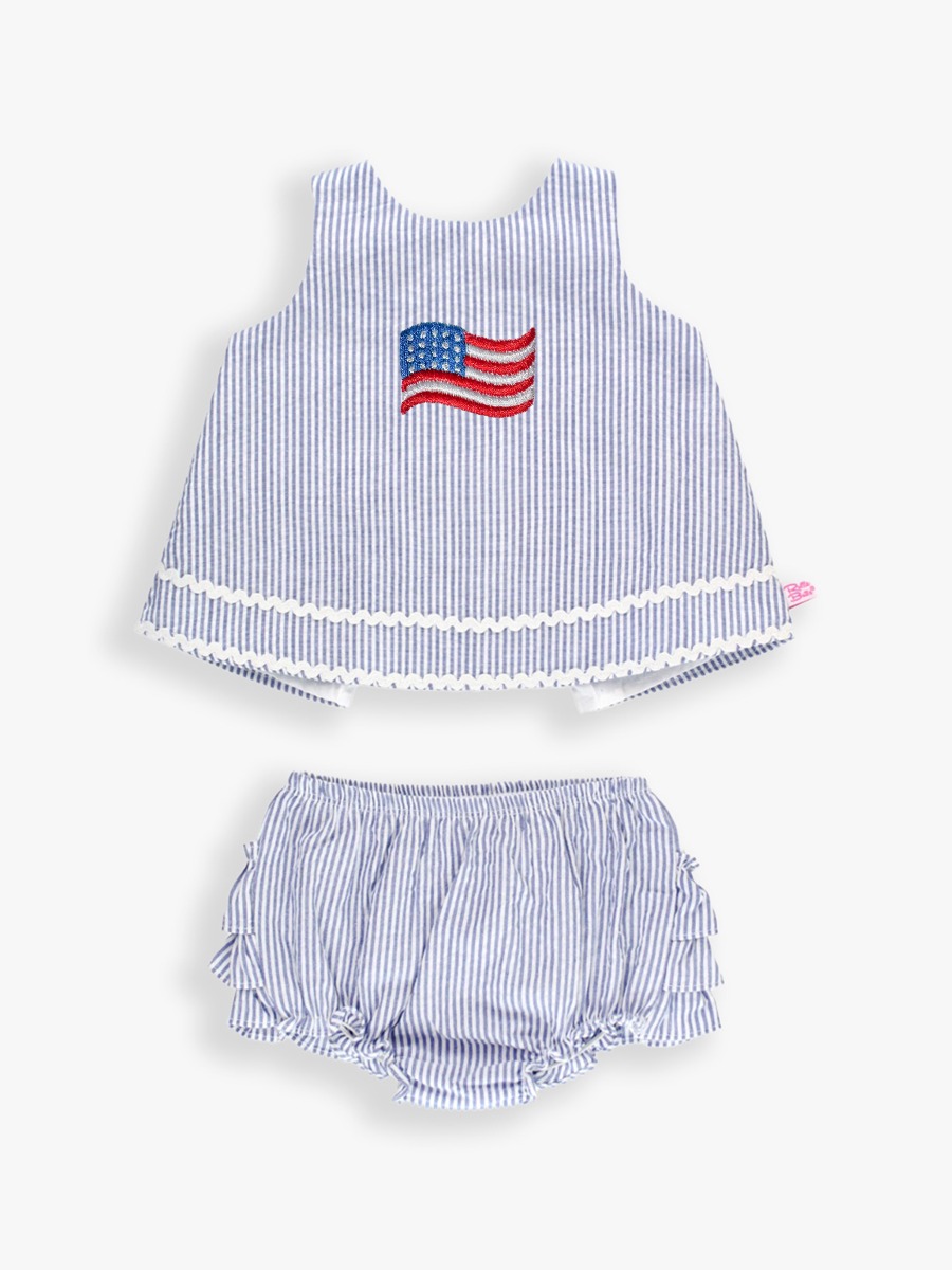 Red USA Embroidered Americana Seersucker Ric Rac Swing Top and Bloomer Set