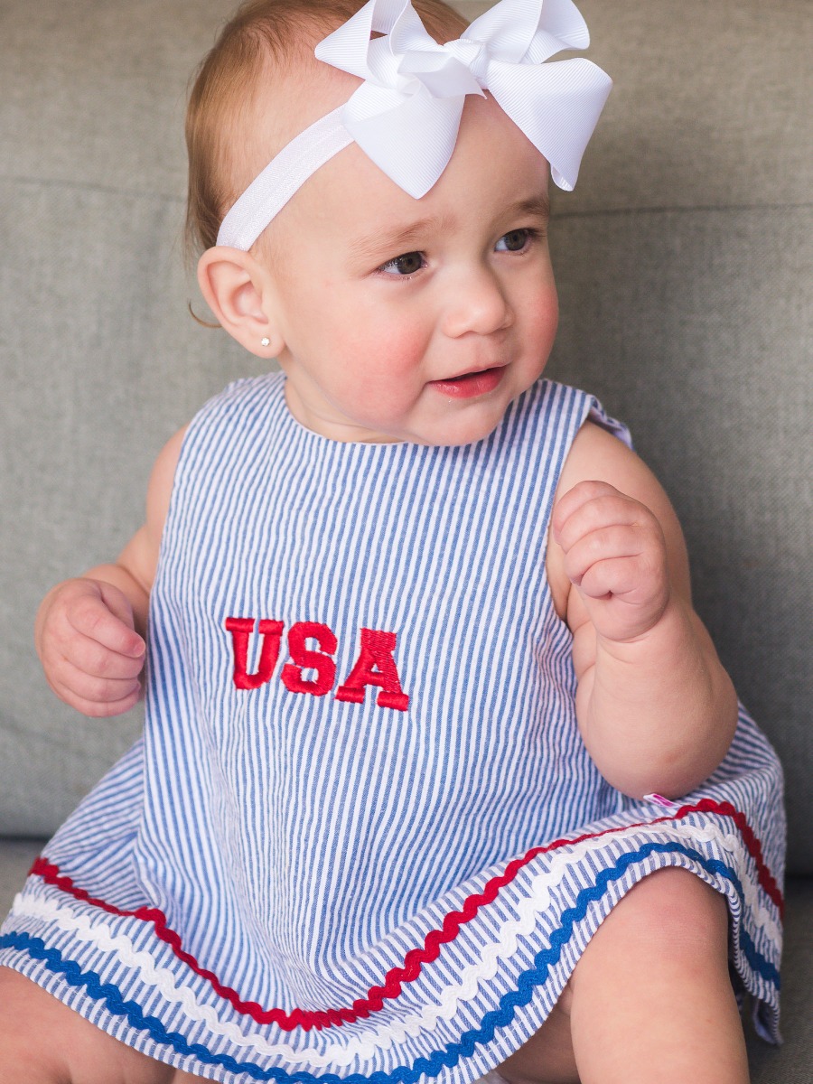 American Flag Embroidered Blue Seersucker Ric Rac Swing Top and Bloomer Set