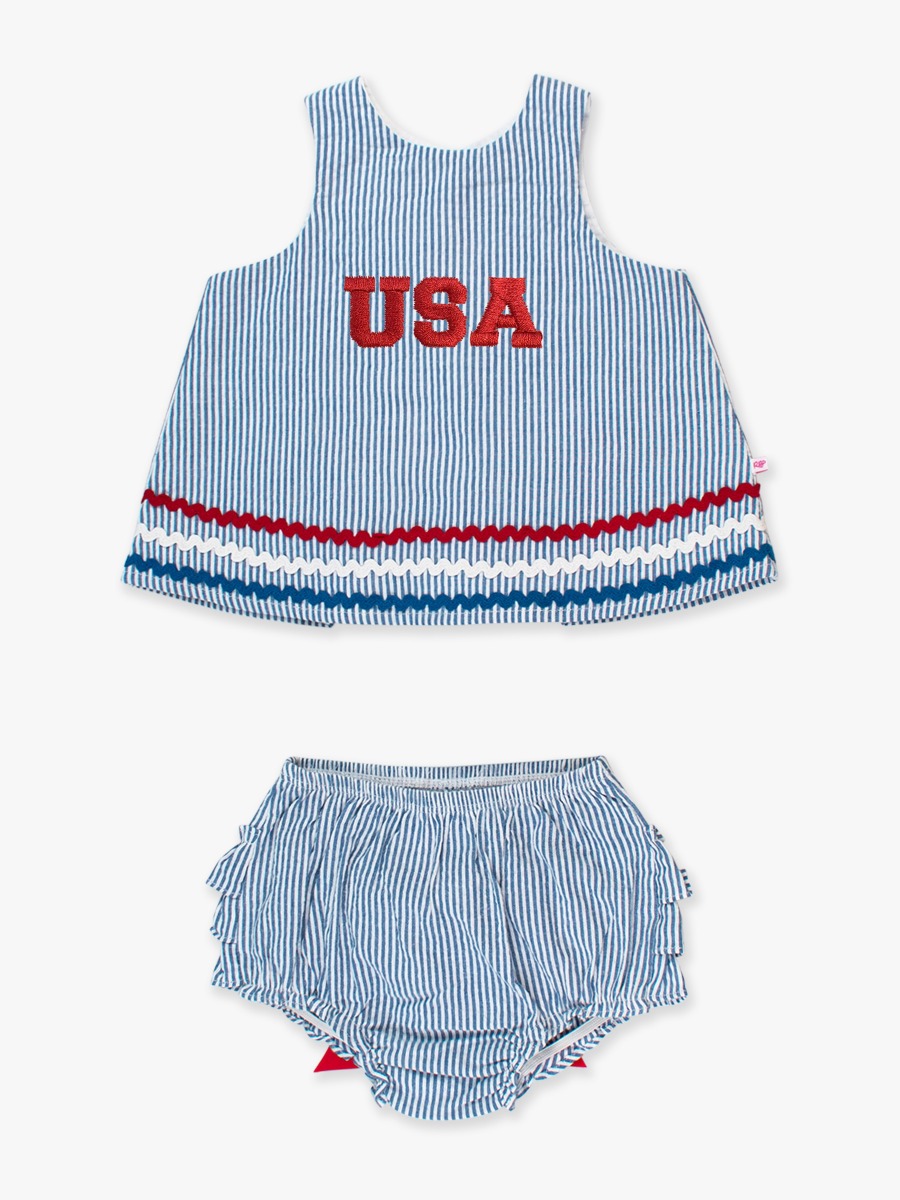 American Flag Embroidered Blue Seersucker Ric Rac Swing Top and Bloomer Set