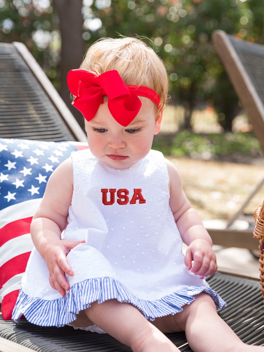 Red USA White & Classic Blue Seersucker Embroidered Dot Swing Top and Bloomer Set
