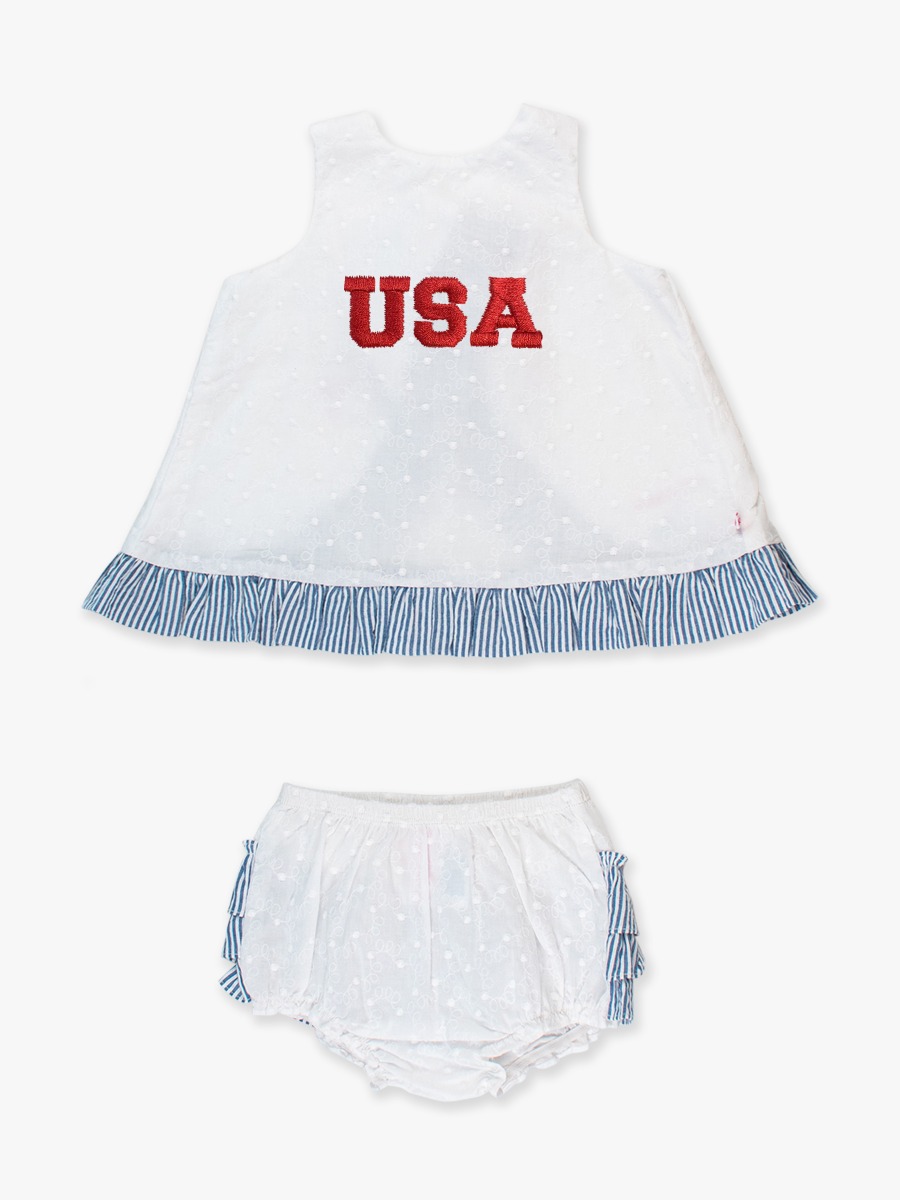 Red USA White & Classic Blue Seersucker Embroidered Dot Swing Top and Bloomer Set