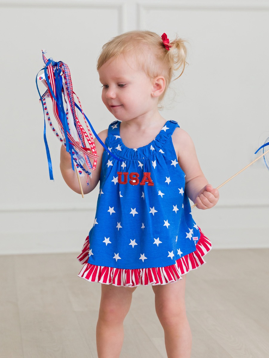 Red USA Embroidered Stars & Stripes Knit Swing Top and Bloomer Set