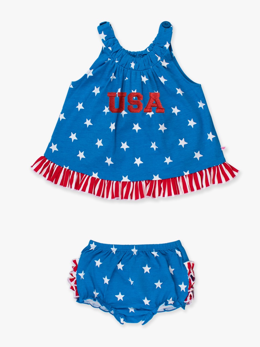 Red USA Embroidered Stars & Stripes Knit Swing Top and Bloomer Set