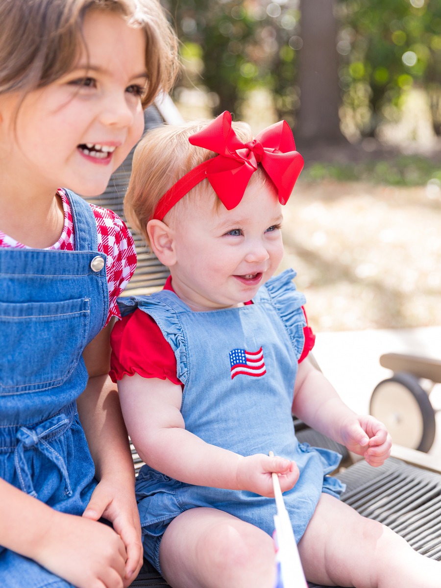 American Flag Embroidered Light Wash Flutter Overall Romper