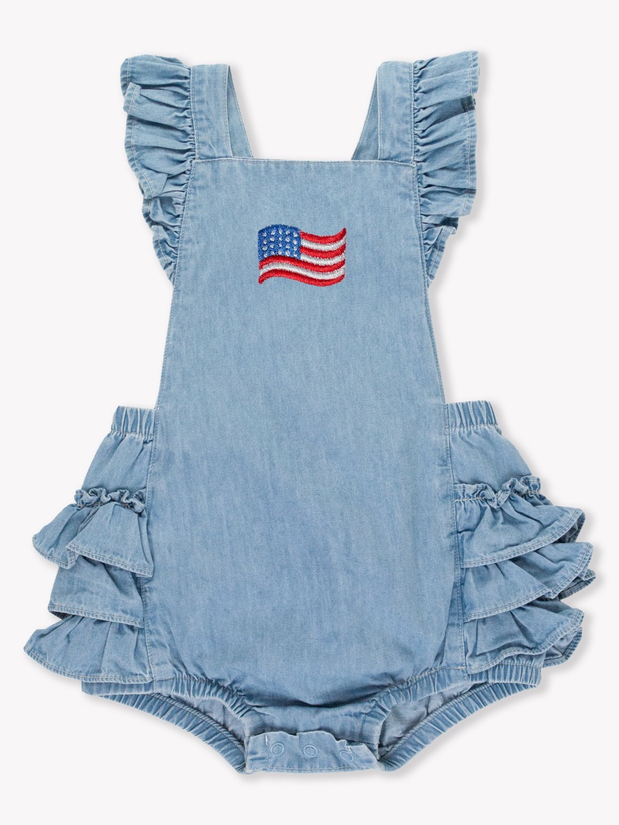 American Flag Embroidered Light Wash Flutter Overall Romper