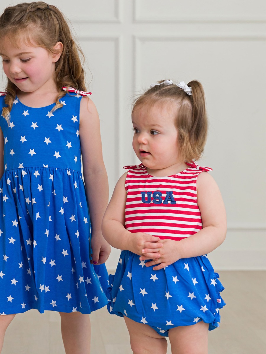 Blue USA Embroidered Stars & Stripes Knit Tie Shoulder Bubble Romper