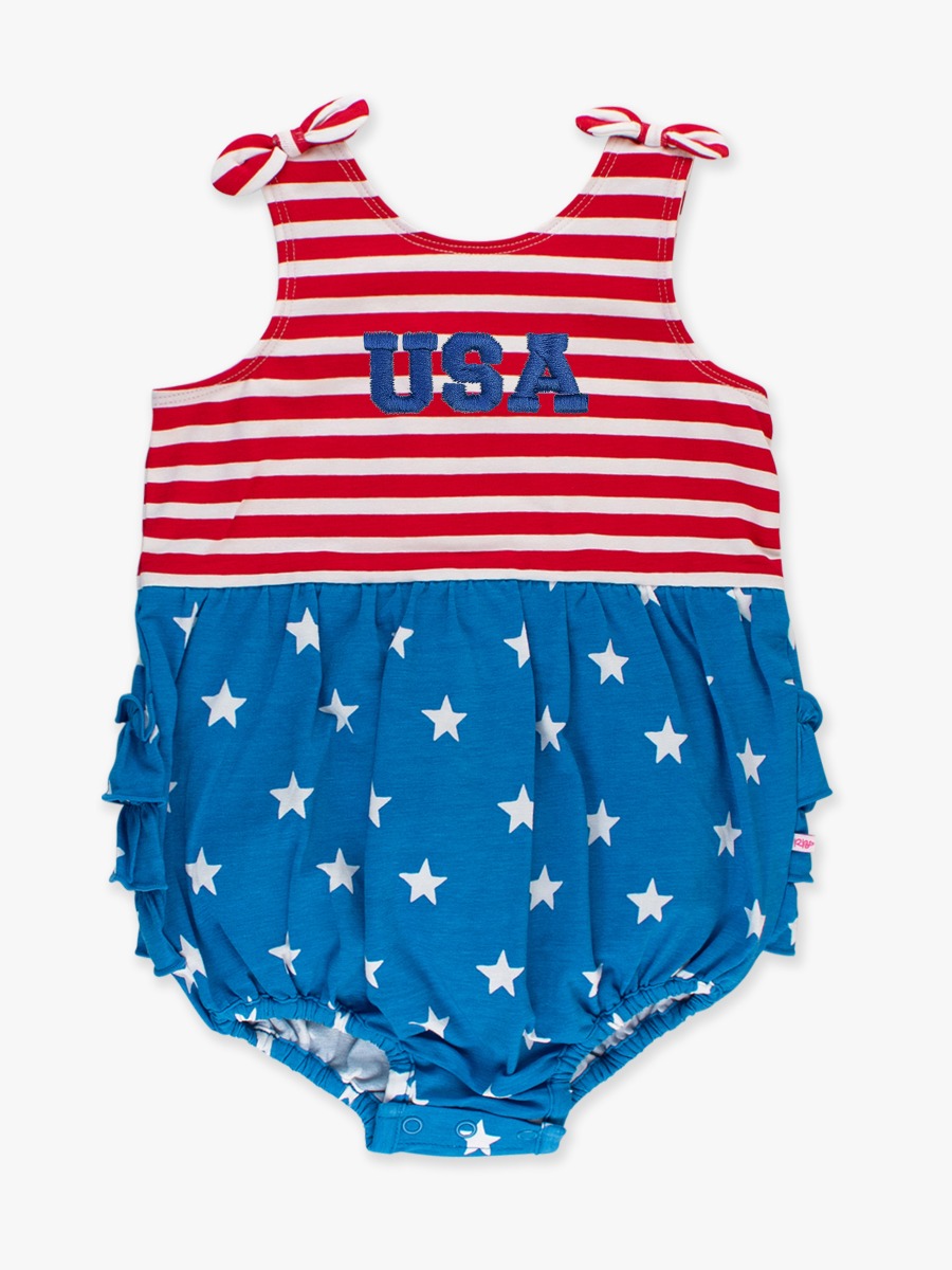 Blue USA Embroidered Stars & Stripes Knit Tie Shoulder Bubble Romper