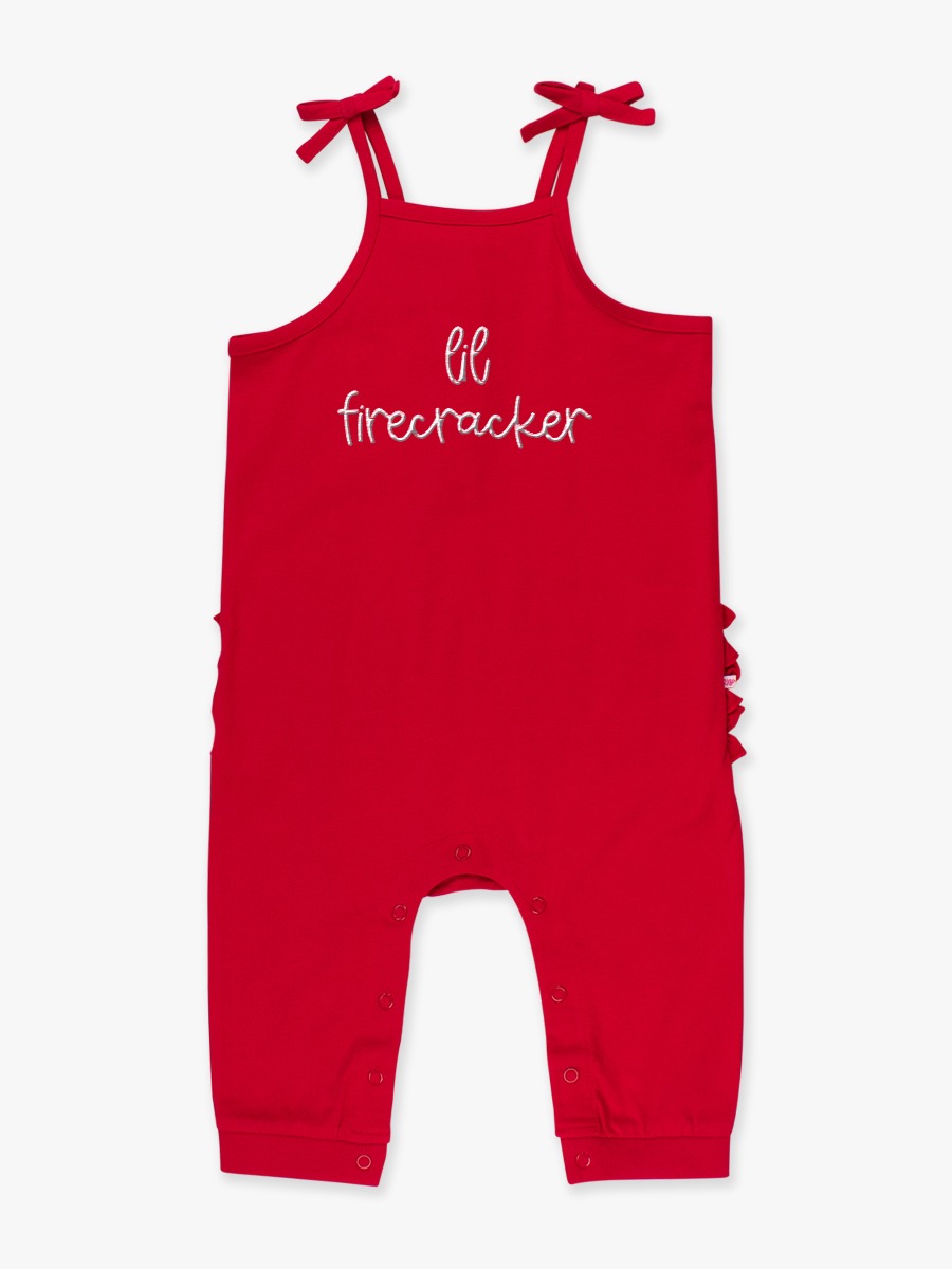 Lil Firecracker Embroidered Red Tie Full Length Romper